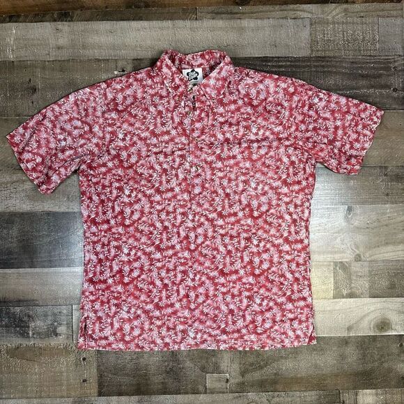 Hilo Hattie Men’s Size Large Button Down Floral Hawaiian Shirt Red Short Sleeve - Picture 1 of 5